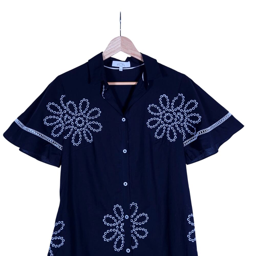 Pearl by Lela Rose Womens Dress XS Black Embroidered Ruffle Hem Boho Cottagecore - Picture 4 of 13